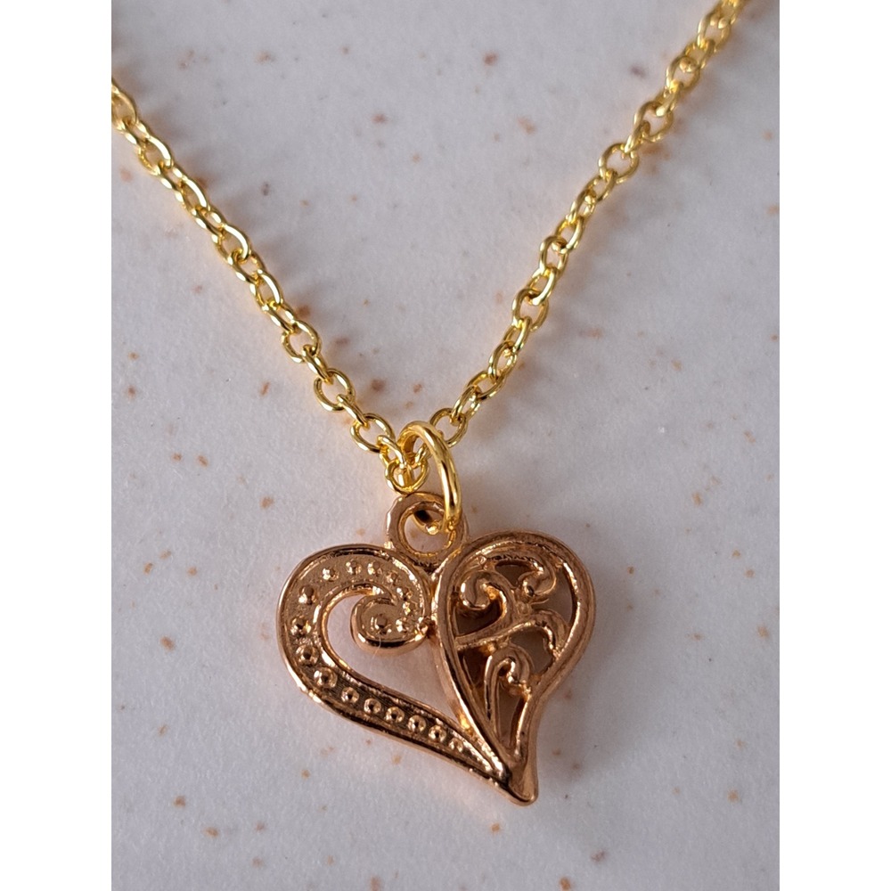 Gold Over Sterling Silver 925 Filigree Open Heart Pendant Necklace 18 Inch Chain